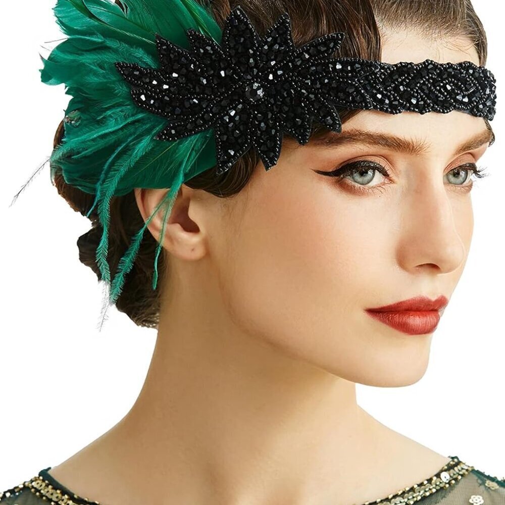 Vintage 1920s Flapper Headband Feather Crystal Gatsby Hair Accessory